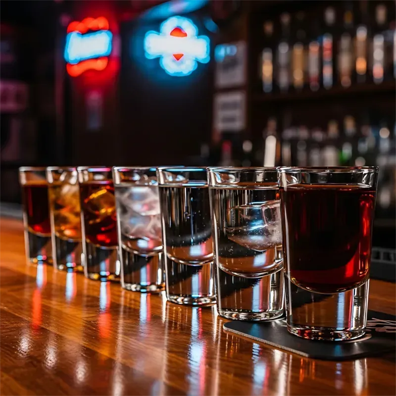 Auf einer Bar stehen Schnapsgläser, im Hintergrund Flaschen; Leuchtreklamen leuchten.