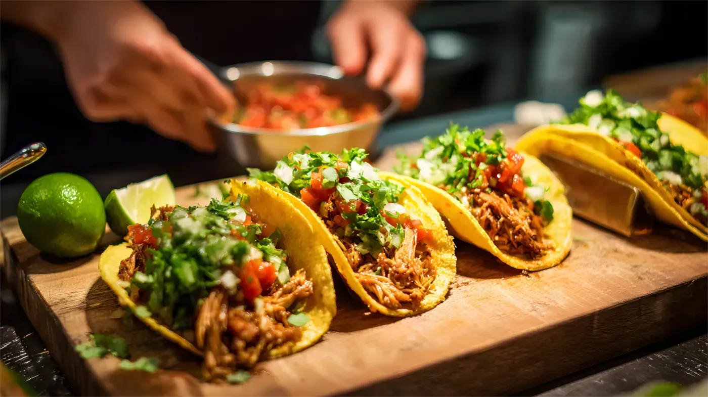 Tacos auf einem Holzbrett, gefüllt mit Fleisch, Salsa und Koriander. Eine Hand hält eine Schüssel mit Salsa.