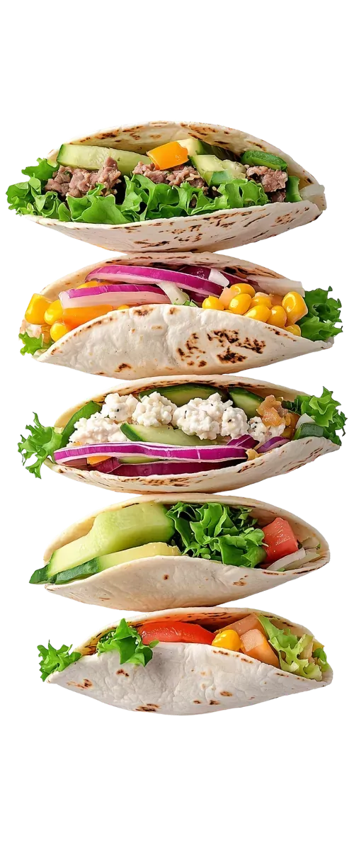 Stapel von Pita-Taschen, gefüllt mit verschiedenen Zutaten, auf weißem Hintergrund.