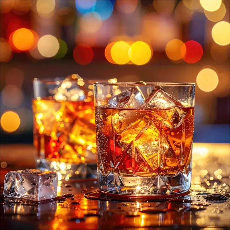 Zwei mit Eis gefüllte Whiskygläser auf einer nassen Oberfläche vor verschwommenem Hintergrund.