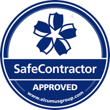 SafeContractor Approved blue circular logo with flower icon and website text