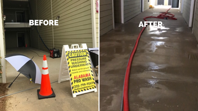 A before and after photo of a building with a sign that says caution