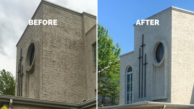 There is a before and after picture of a building.