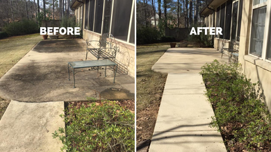 A before and after photo of a patio and walkway.