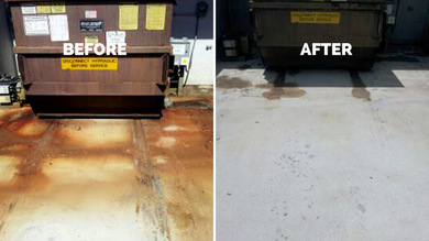 There is a before and after picture of a dumpster.