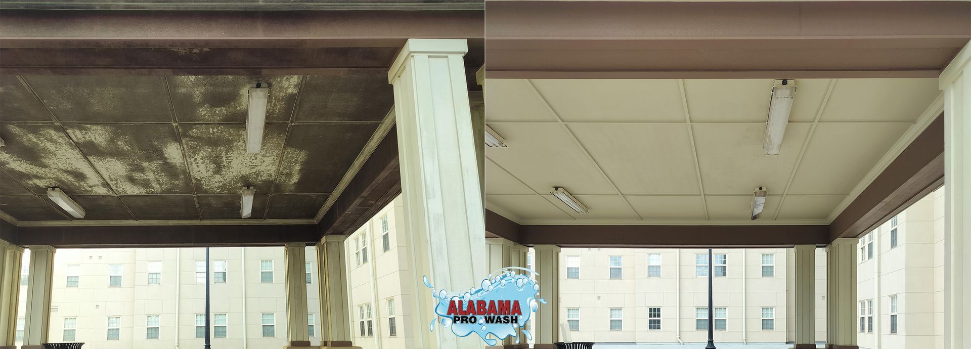 Before-and-after comparison: Damaged ceiling repaired. Building exterior with columns, and windows visible.
