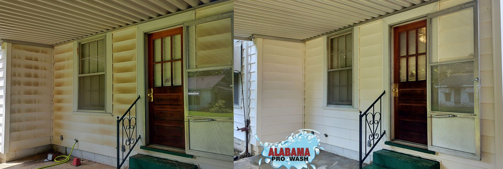A house porch comparison with dirty and clean sides. The house has a brown door and windows.