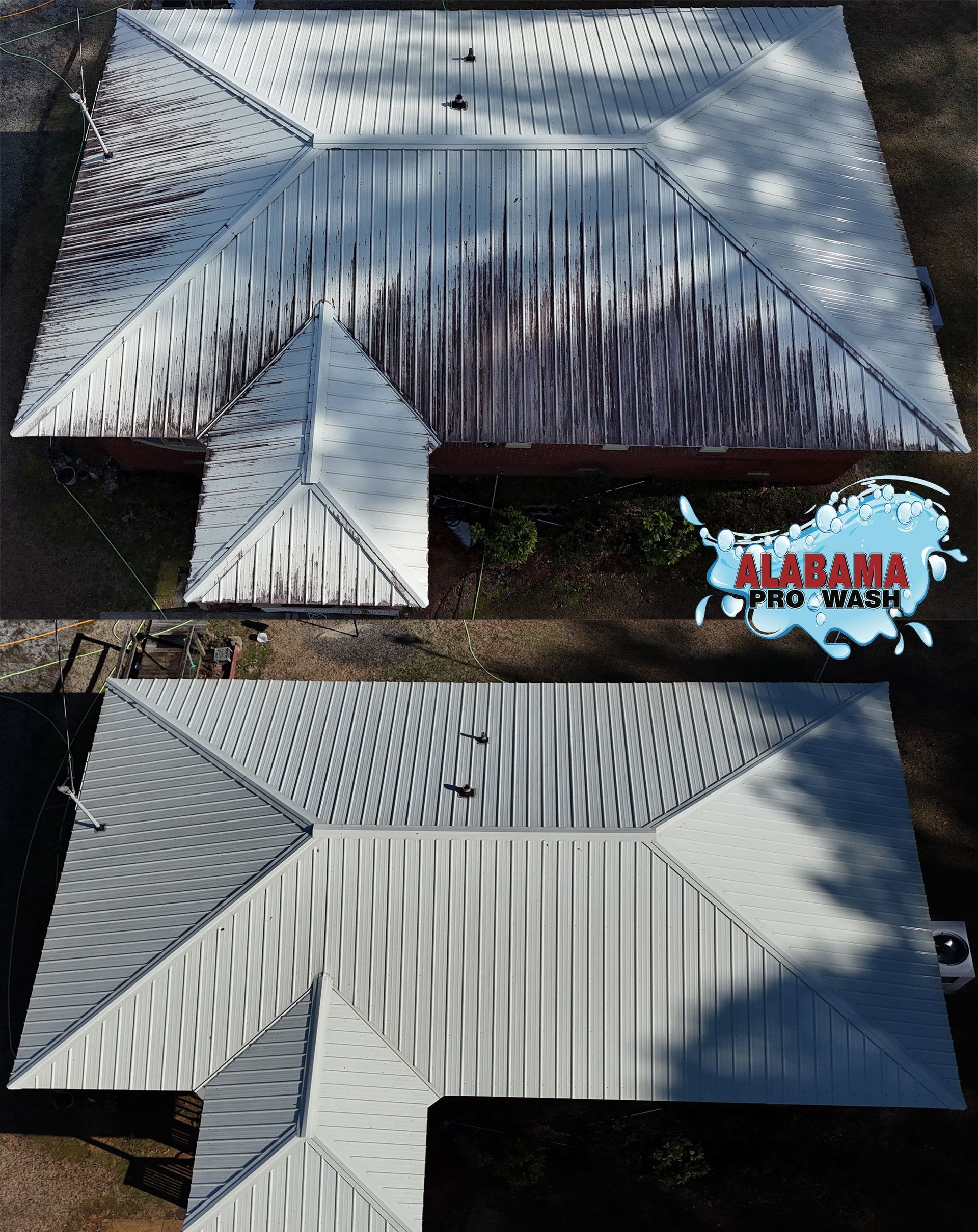 Before and after view of a roof cleaning service. Top half is dirty, bottom half is clean and white.