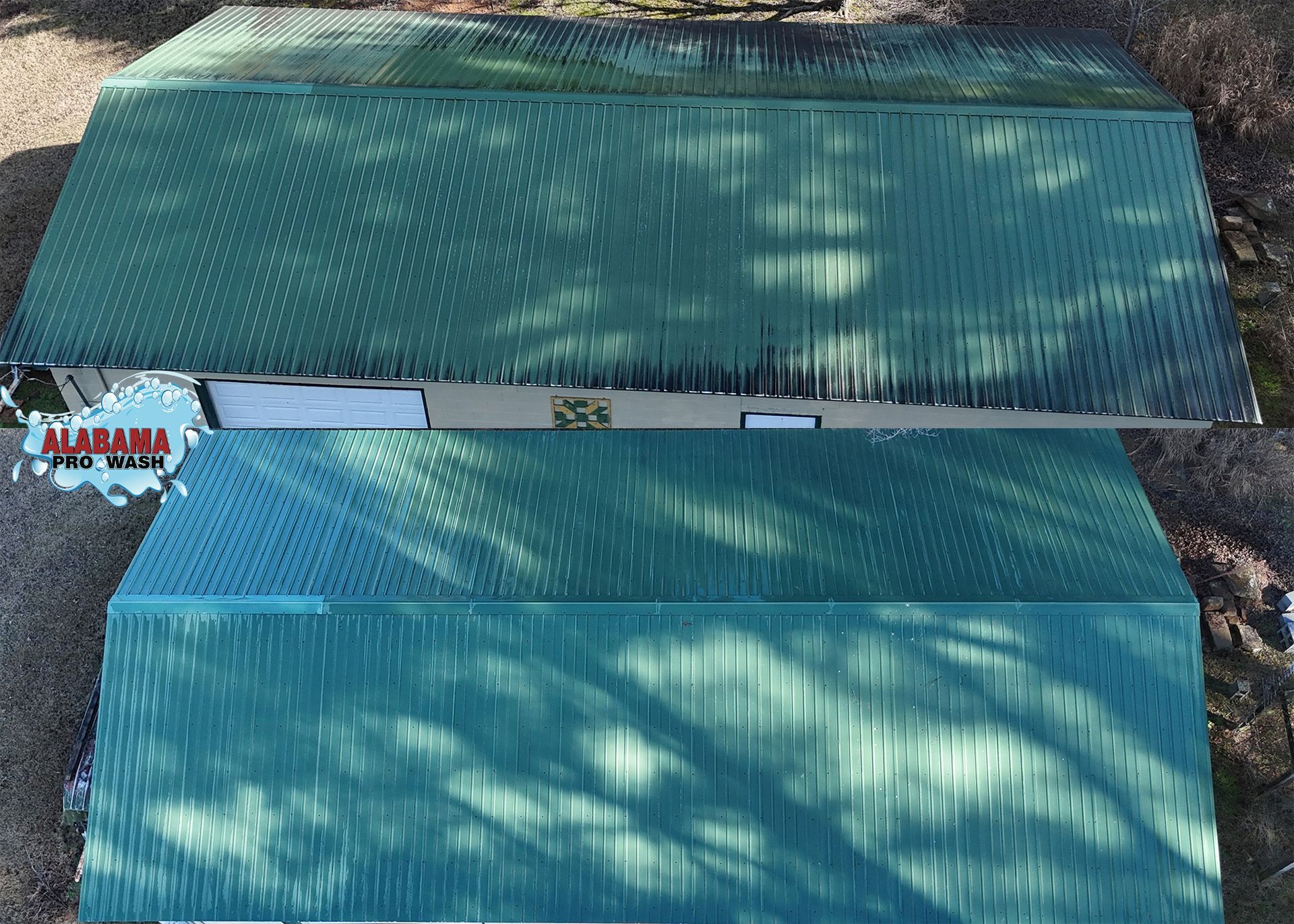 Green metal roof before and after cleaning, showing the difference in color.