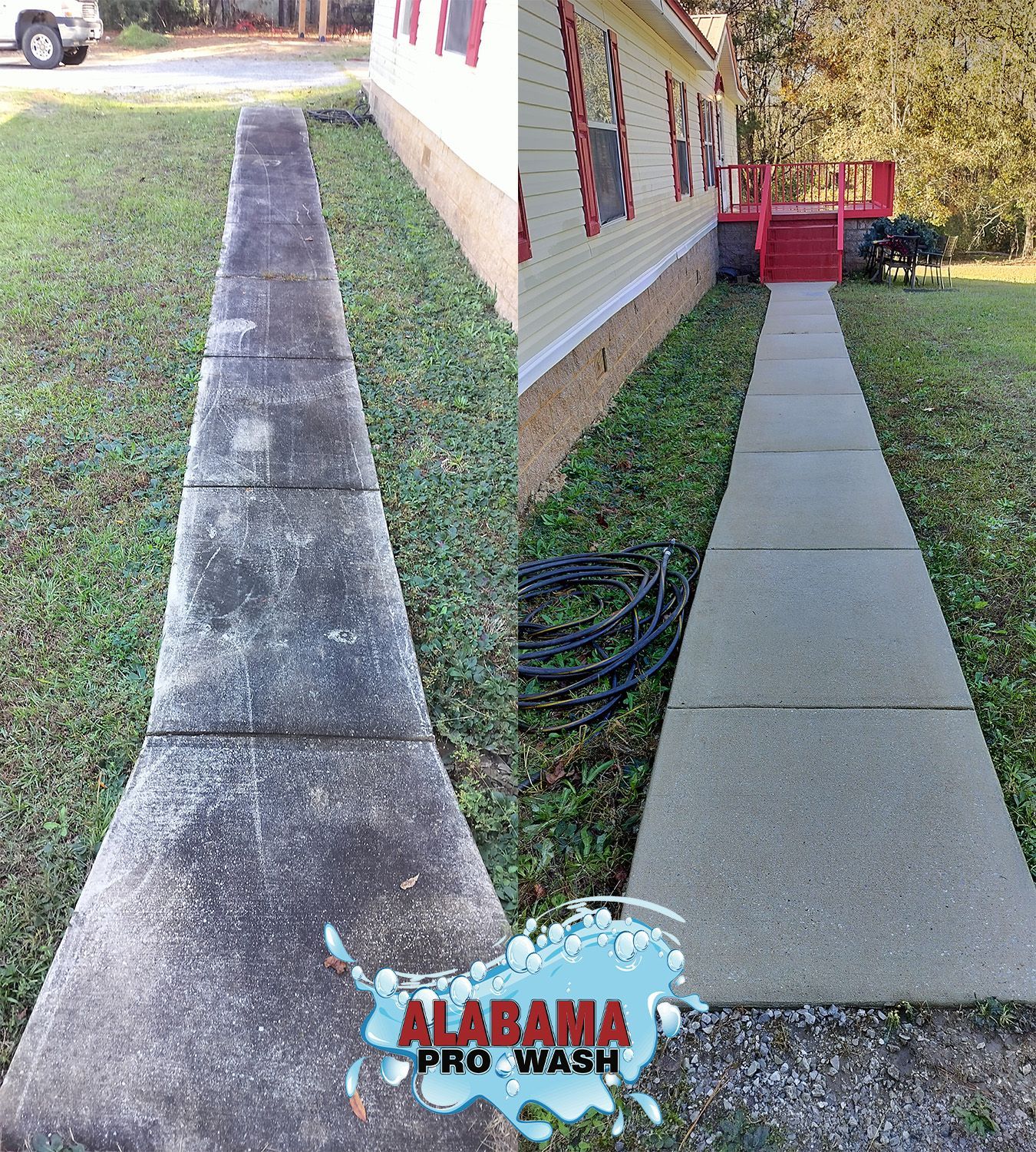 Before and after comparison of a concrete walkway cleaned by a pressure washer. The walkway is next to a home.