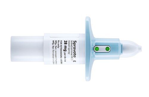a nasal spray bottle with a green button on it named Spravato for CNY .