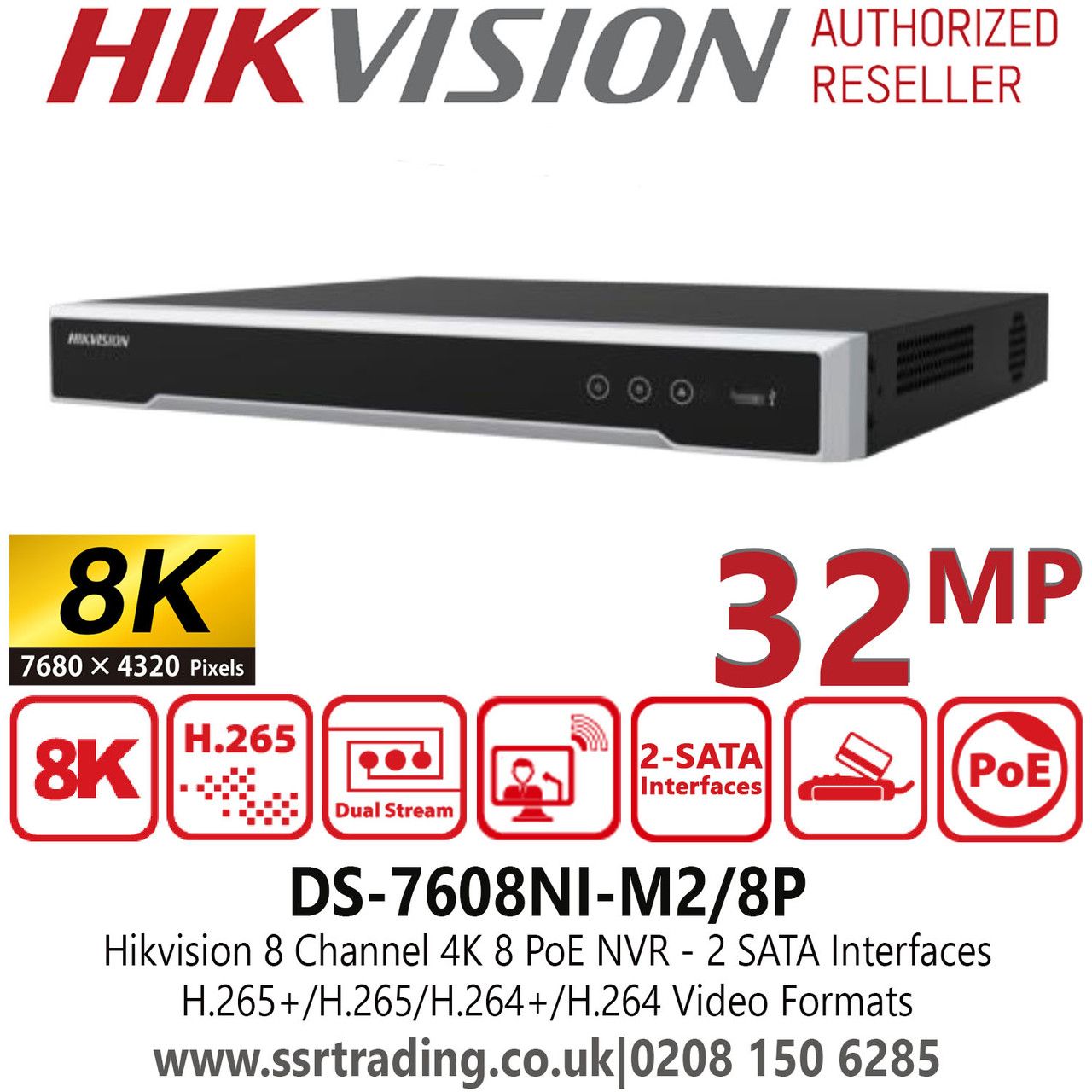 HIKVISION ULTRA 7608NI-M2 8CHM- NVR, SILENT MODE, 8K, POE(8), 2XHDD, 1X4TB, 32MP, 3YR