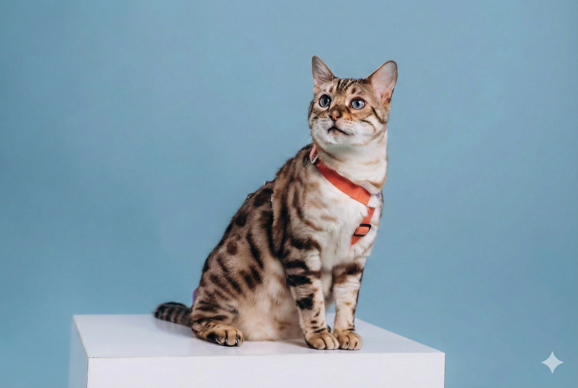Bengal cat wearing a red harness, sitting on a white block against a blue backdrop.