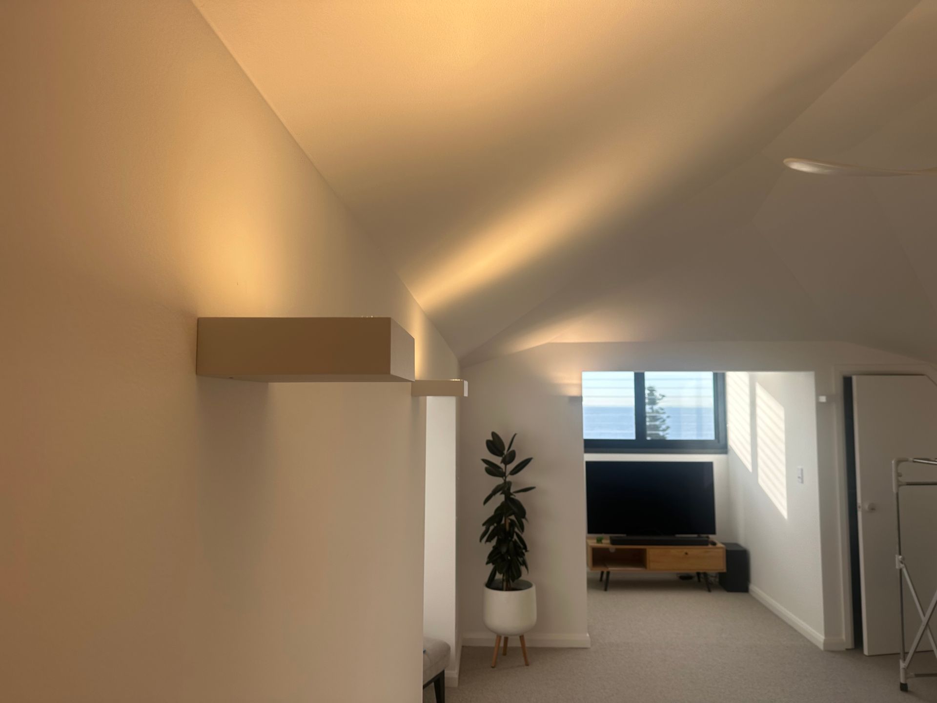 Interior with white walls, a shelf, and a houseplant. Sunlight streams through a window, illuminating the space — SparkSafe Electrical in Shellharbour, NSW