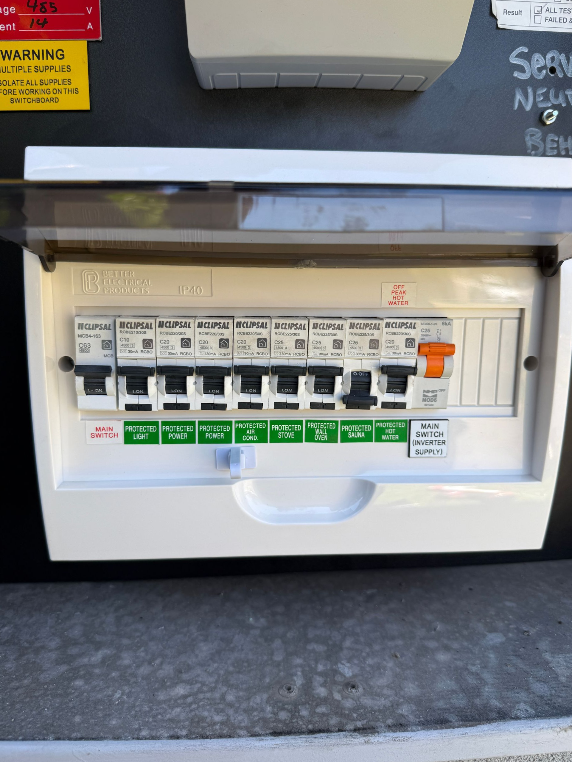 White electrical fuse box with clear plastic cover, containing multiple switches  — SparkSafe Electrical in Dapto, NSW