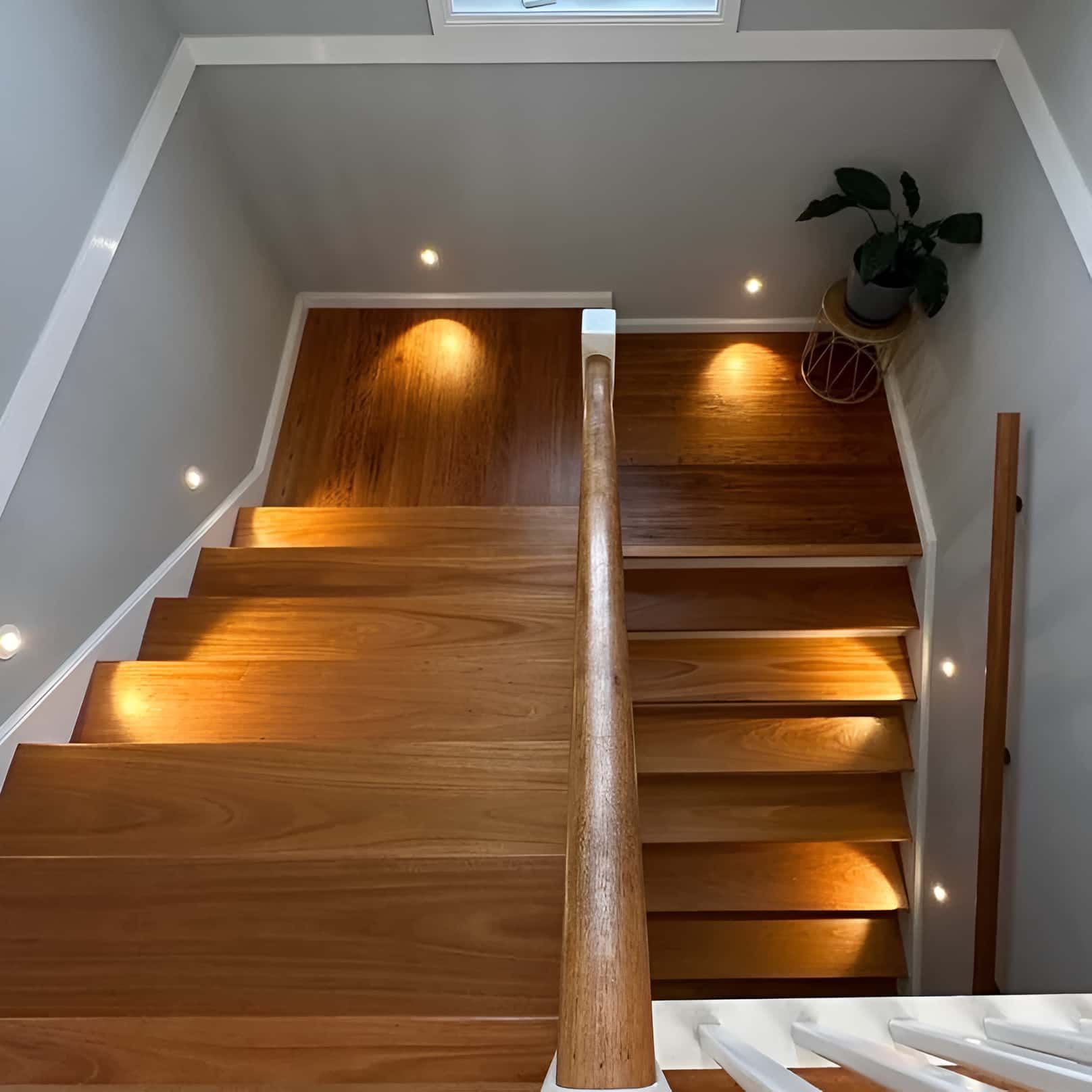 Wooden Staircase With Recessed Lighting — SparkSafe Electrical in Dapto, NSW