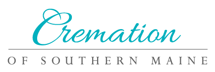 The logo for cremation of southern maine is blue and white.