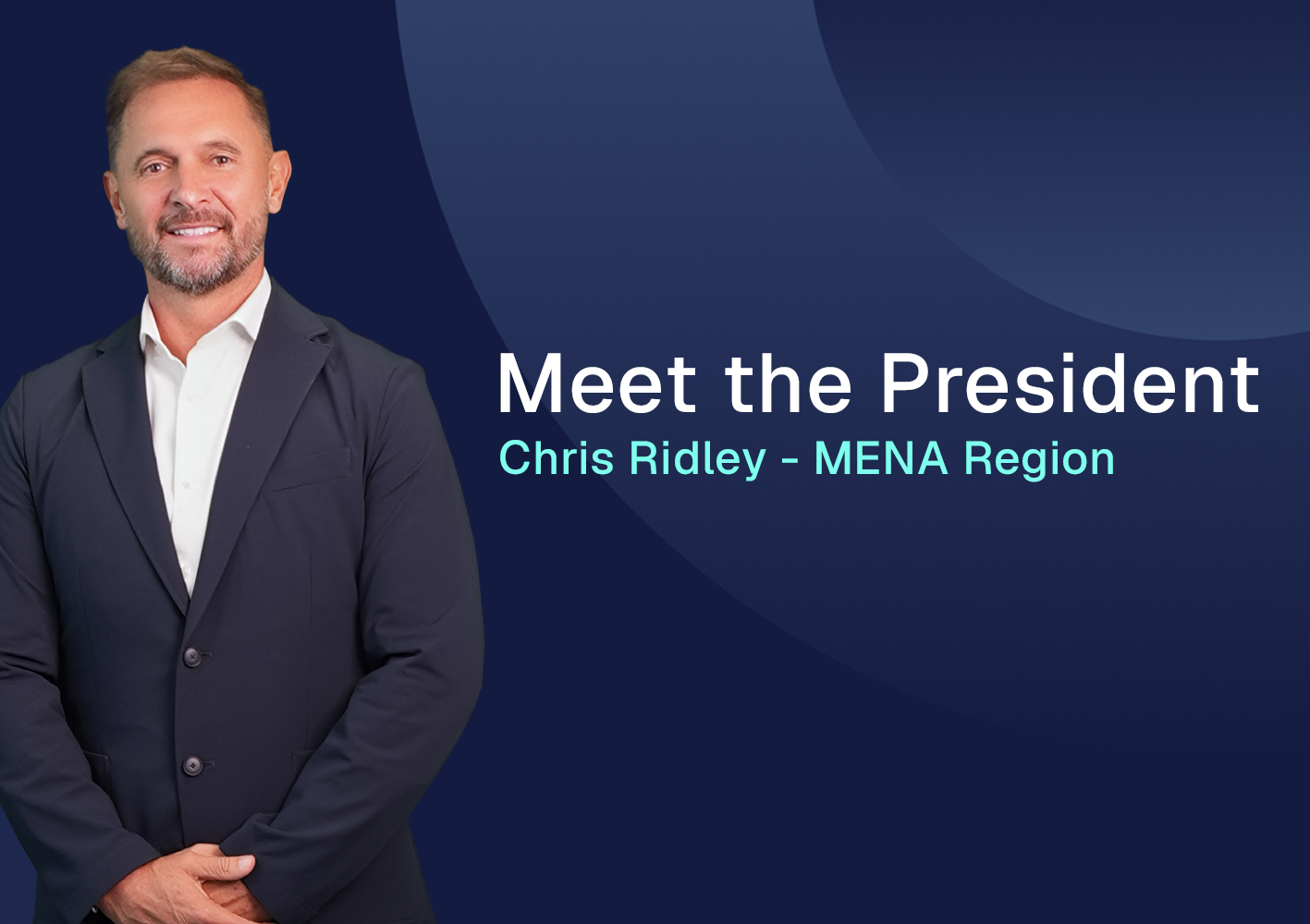 Portrait of Chris Ridley with “Meet the President” text on a blue gradient background