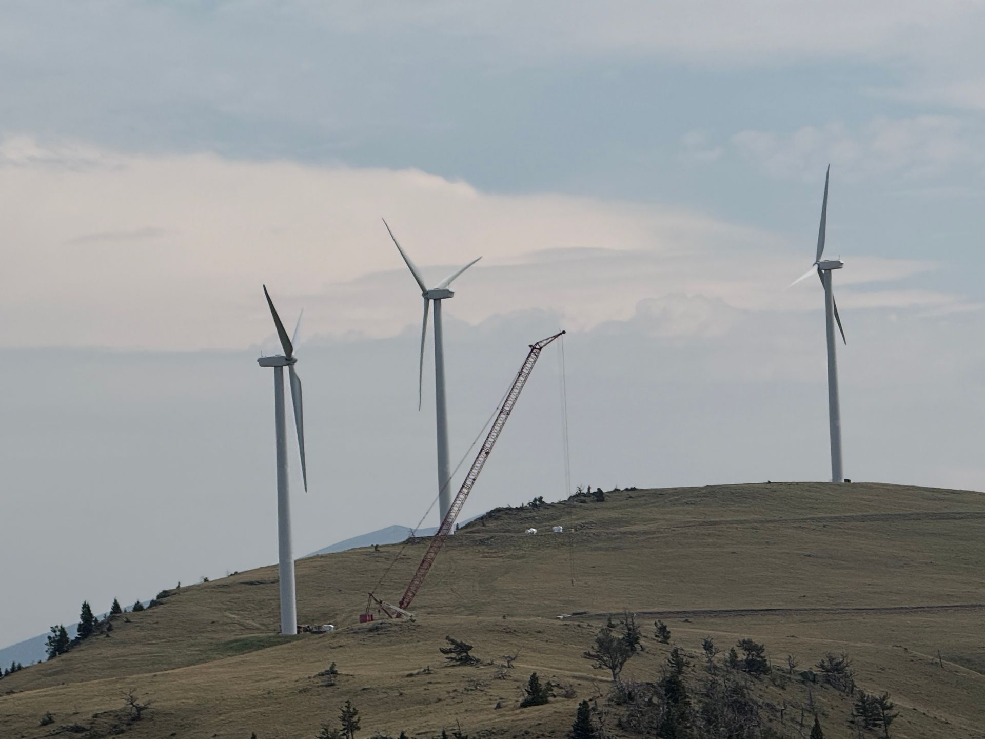 Wind turbines on a grassy hill, with one Althoff crane near the center and cloudy sky above.