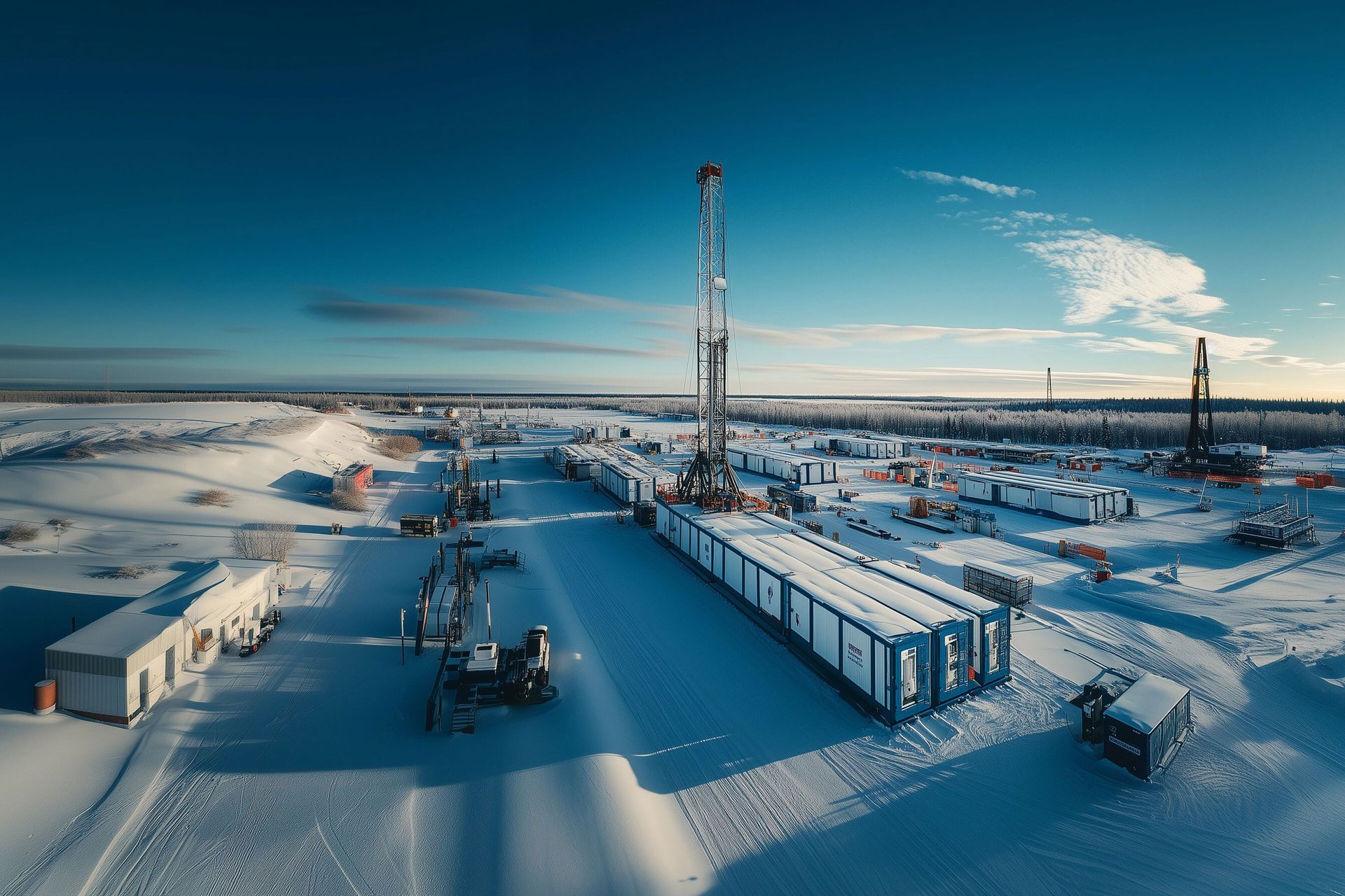 Oil drilling site in a snowy landscape under a clear blue sky.