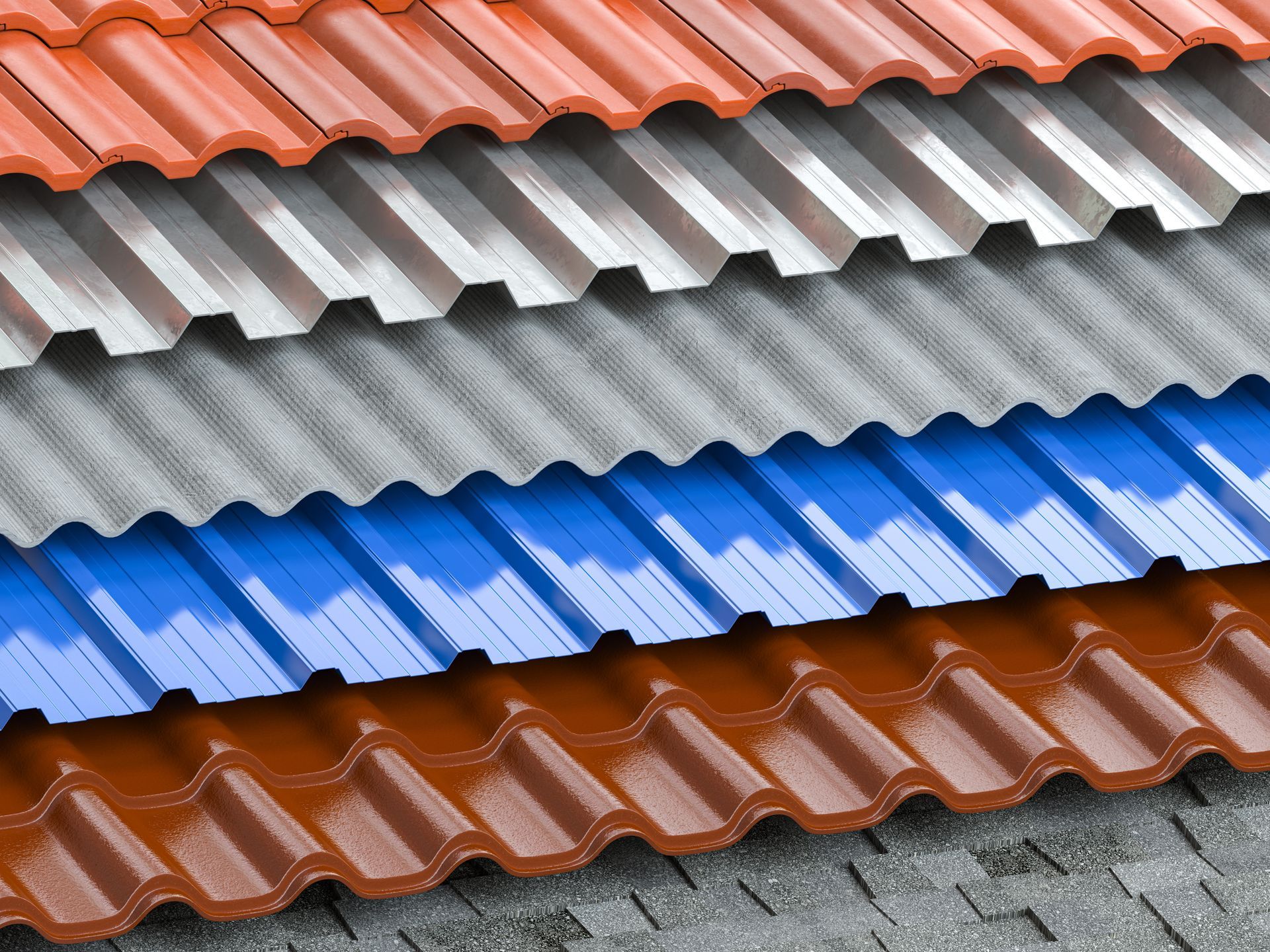 Stacked corrugated roofing sheets in orange, silver, blue, and red-orange hues