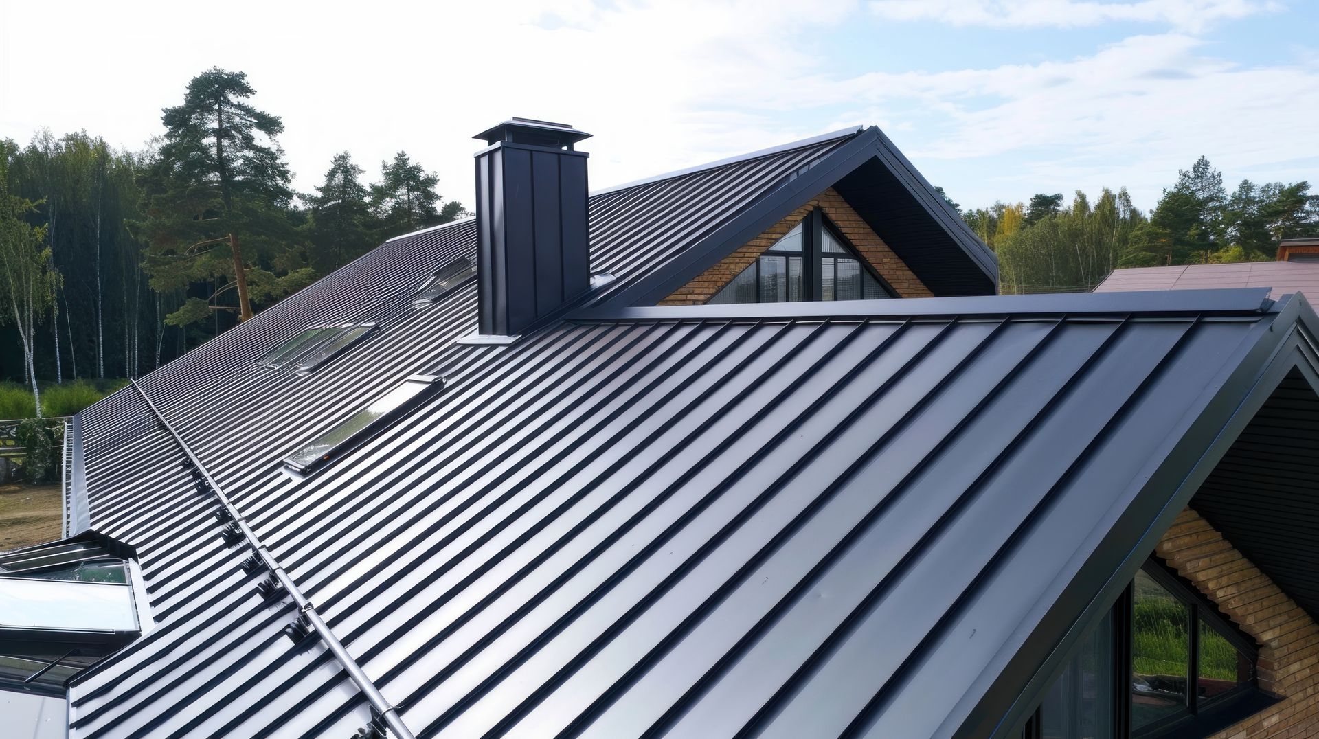 Black metal roof with skylight and chimney on a house surrounded by trees