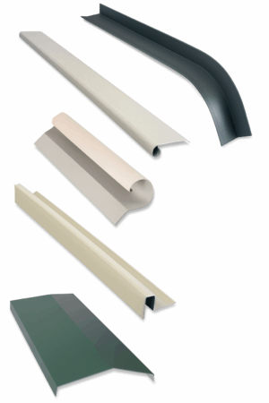 Various pieces of painted metal flashing, including corners and flat sections, used in construction.