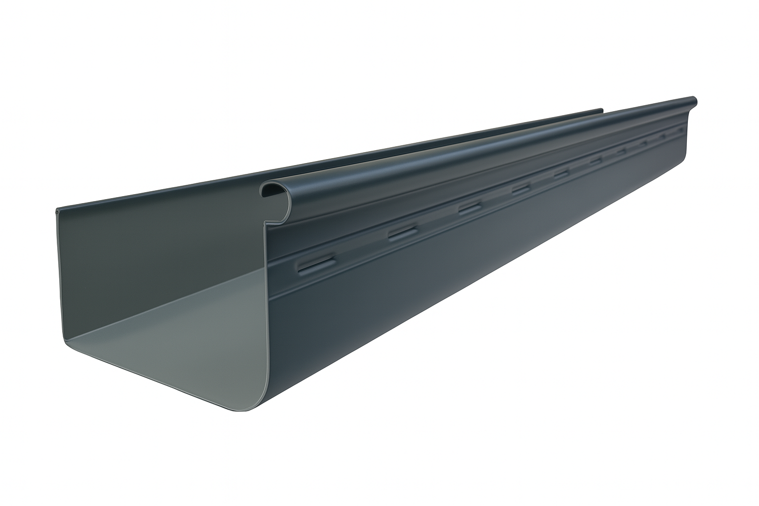 Gray metal rain gutter section, angled slightly.