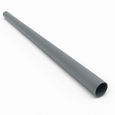 Gray PVC pipe, cylindrical, on a white surface.