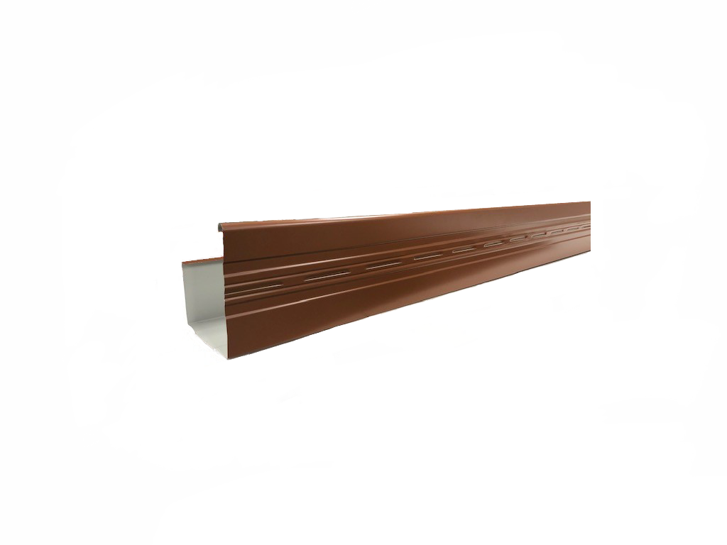 Brown metal guttering, partially visible, against a white background.