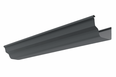 Gray metal rain gutter, angled view.