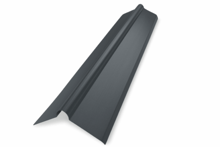 Black metal roof flashing for a roof valley.