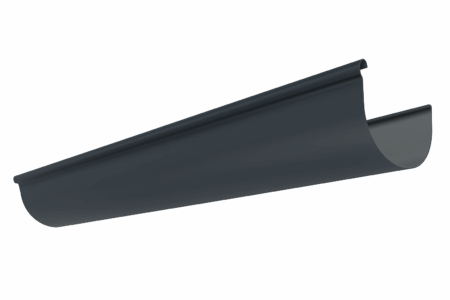 Dark gray half-round gutter section with a raised lip, meant for collecting rainwater from a roof.