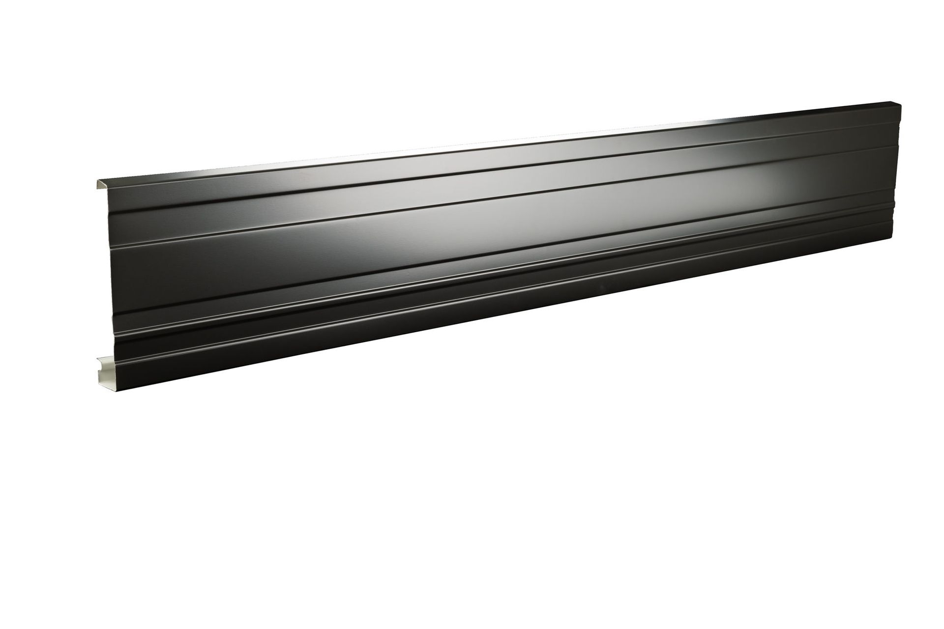 Black, horizontal, modern-style radiator with several horizontal, recessed panels.
