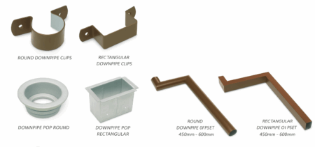 Metal downspout components: round and rectangular cups, downpipe connections, and offset tubes, in brown and grey.