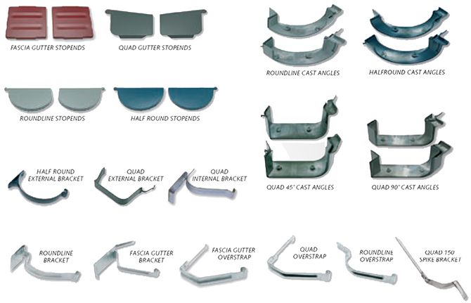 Assortment of gutter components: corners, angles, brackets, and end caps in various shapes and colors.