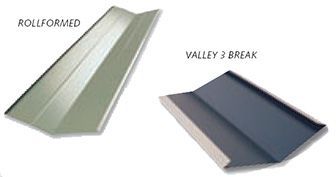 Comparison of metal valley flashing types: rollformed (silver) and 3-break (blue-gray).