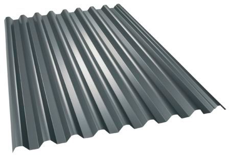 Corrugated metal roofing panel, gray.