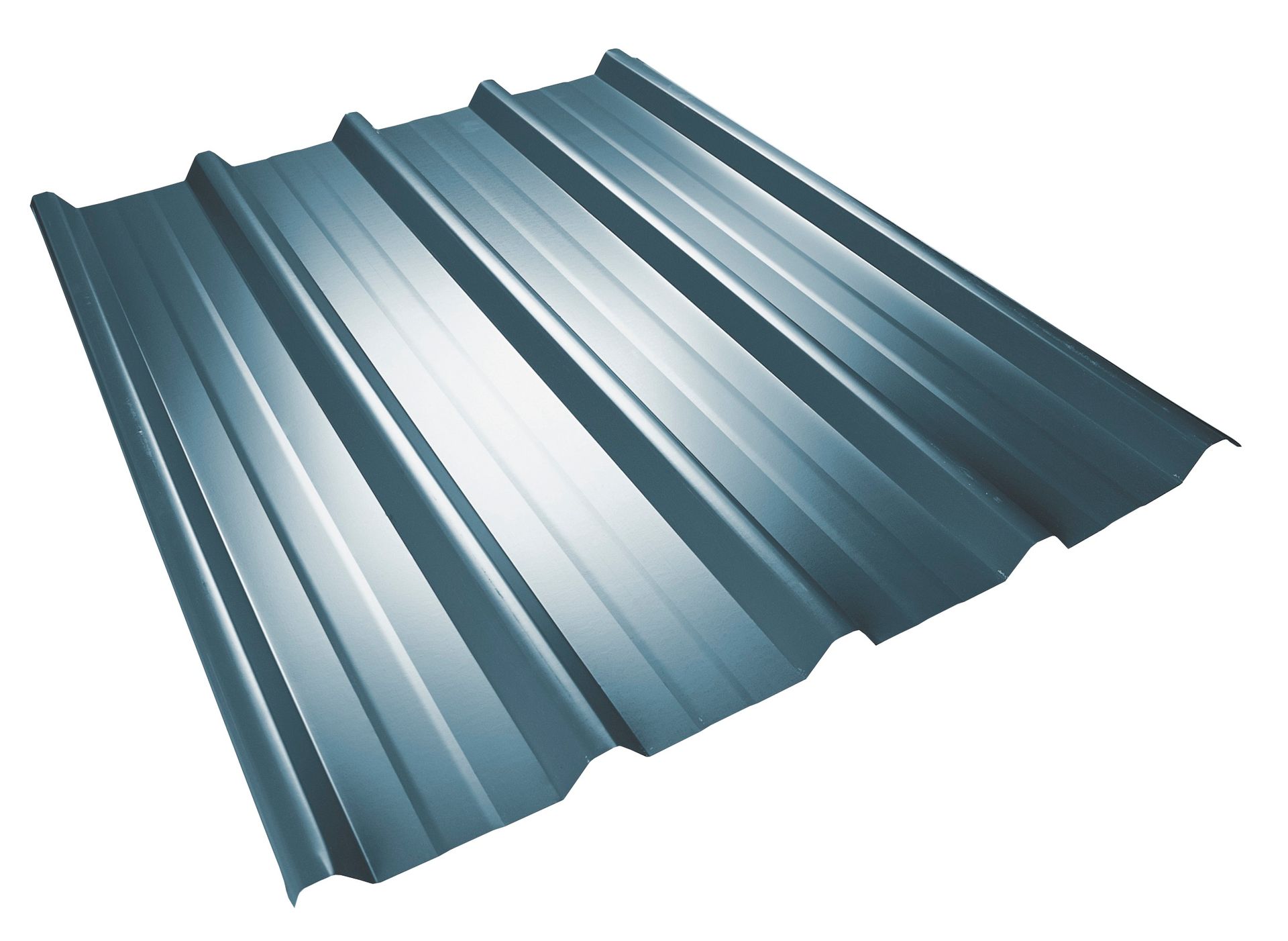 Metal roofing panel, corrugated design, gray color, angled view.