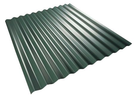 Green corrugated metal roofing panel.