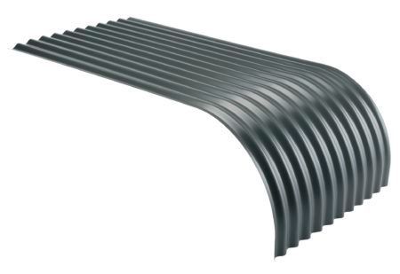 Curved, corrugated metal roofing panels in a gray color, arranged in a slight curve.