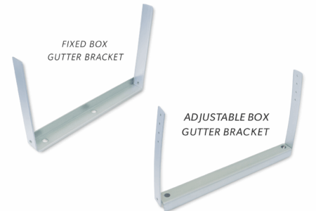 Two metal box gutter brackets: one fixed, one adjustable, both white.