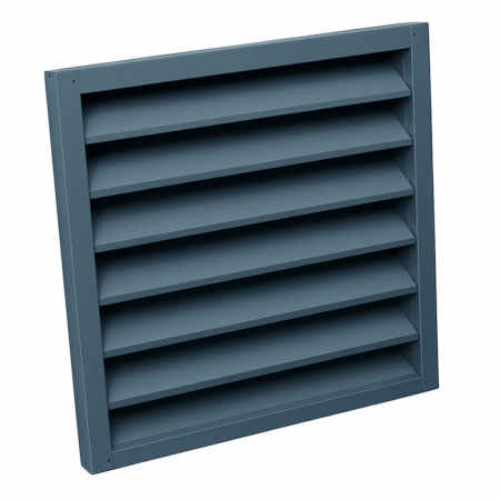 Gray, square louvered vent, angled slats for ventilation.