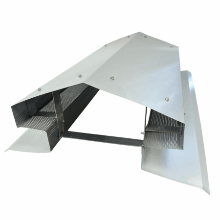 Metal chimney cap with angled top and two side panels.