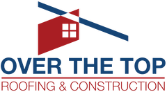 Over The Top | Roofing and Construction Logo: Red and white house with a blue roof,
