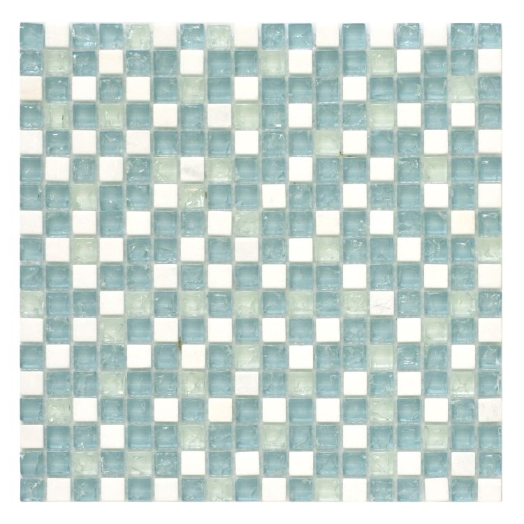 A blue and white checkered mosaic tile on a white background.