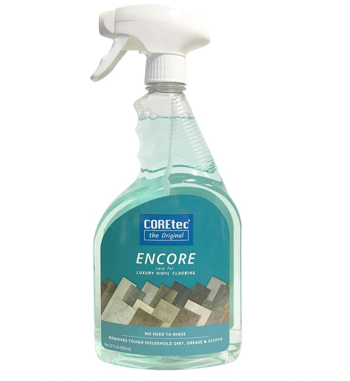 A bottle of encore cleaner is on a white background