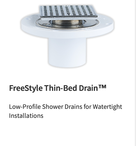 A freestyle thin-bed drain is a low profile shower drain for watertight installations.