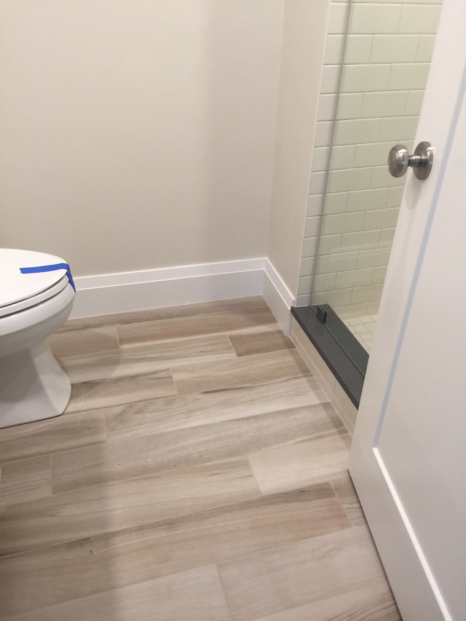 A bathroom with a toilet and a walk in shower.