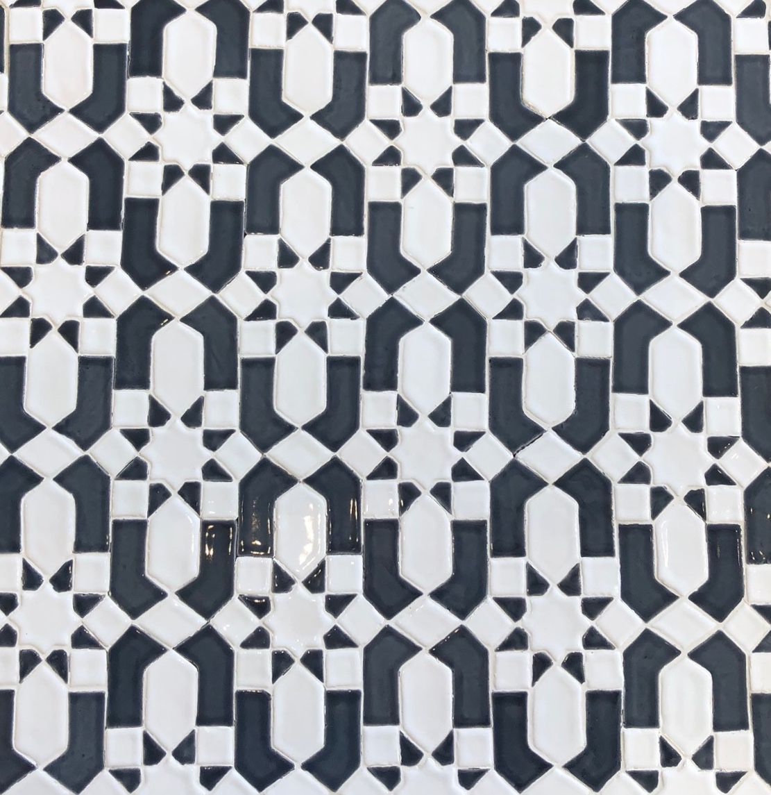 A close up of a black and white pattern on a wall